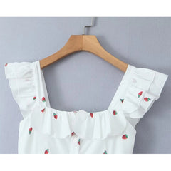 LIZAKOSHT - Women French Front Button Strawberry Print White Sexy Elegant Dress Flying Sleeve Square Neck Female Summer Party Robe