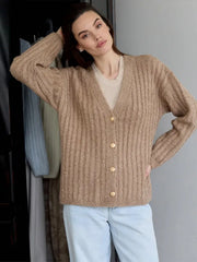 LIZAKOSHT - Furry Knitted Sweater Women Single Breasted Casual Solid V-neck Long Sleeve Loose Cardigans Autumn Soft Lady Tops Sweaters