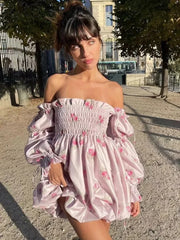 LIZAKOSHT Floral Printed Pink Satin Short Summer Dress Women Spring Off Shoulder Boho Party Beach Vestidos Long Sleeve Sundress
