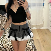 LIZAKOSHT - Y2K Style Skirt Bow Lace Striped Half Low Waist Slimming Spicy Girl Short Pleated European American