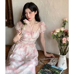 LIZAKOSHT  -  Vintage Floral Evening Party Midi Dresses Women Summer Elegant Square Collar Fairy Dress Korean Sweet Princess Pink Dress