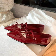 LIZAKOSHT - sexy T-strap flats women double bowtie ankle strap party shoes woman pointed toe cutout mary janes japanned leather loafers