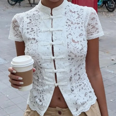 LIZAKOSHT - Y2k Lace Hollow Out Shirts Cardigan Women's Short Sleeve See-Through Patchwork Commute Top Female Summer Lace Blouses