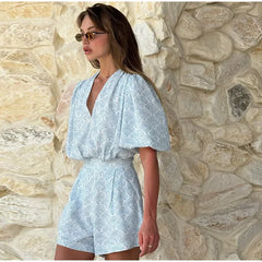 LIZAKOSHT - Casual Women Flower Printed Shirts Shorts Suit Elegant Short Sleeve V-Neck Top Straight Short Pants 2025 Summer Beach Lady Suit