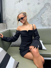 Lizakosht Elegant Strapless Slash Neck Mini Dresses For Women Chic Off Shoulder Buttons Pockets Dress 2024 Female Fashion Party Vestidos