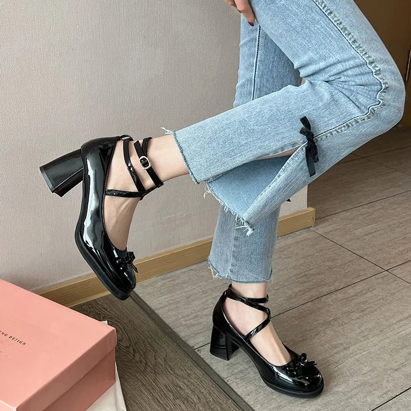 LIZAKOSHT INS Red Mary Janes New Women Pumps Thick High Heels Shoes Female Lolita Square Toe Shoes Spring Fashion Party Woman Shoes