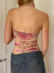 LIZAKOSHT - Mesh Floral Print Ruched Backless Halter Crop Top Boho Casual Sleeveless Camis Holiday Vacation Women Summer Y2K Tanks