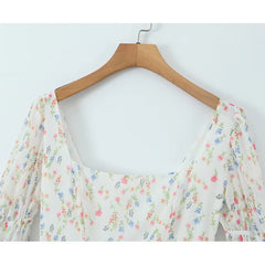 LIZAKOSHT - Sweet Women Floral Print Mini Dress Long Sleeve Square Neck Female Party Summer Dresses Holiday Robe