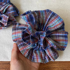 LIZAKOSHT - 1PC Navy Blue Plaid Double-Layer Large Intestine Hair Scrunchie for Women - Elegant Hair Tie for Buns, Side Low Ponytails