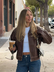 LIZAKOSHT  -  Women Solid Zipper Leather Jacket Fashion Patchwork Lapel Collar Long Sleeve Loose Overcoat Female Autumn High Street Outerwear