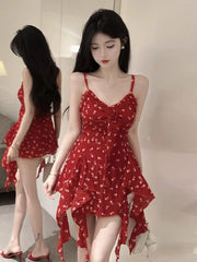 LIZAKOSHT - Camis Sexy Floral Printed Irregular Ruffles Slim Patchwork Flowers Vintage Summer Fashion Sweet Tank Tops Ladies Casual