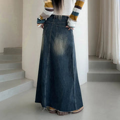 LIZAKOSHT - Women's Basic Long Ankle Length Denim A-Line Panel Skirt Classic Womens Elastic Skirts Blue Jean For Women Y2K Streewear Style