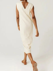 LIZAKOSHT - Women Casual Solid Knit Midi Dress Loose O-neck Sleeveless Basic Dresses 2024 Summer Office Lady Chic Thick Commuting Robes