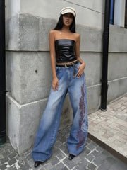 LIZAKOSHT - American Vintage Fashion Hot Girl Chic Jeans Women Loose Printed Straight Leg Denim Pants Slim Streetwear Trendy Long Trousers