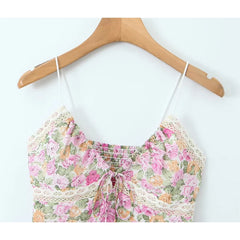 LIZAKOSHT - 2024 Women Lace Trim Floral Print Boho Camis Sexy Sleeveless V Neck Female Holiday Summer Crop Top