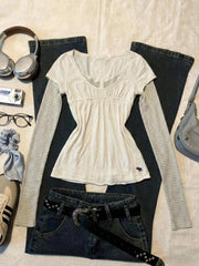 LIZAKOSHT - Korean Vintage Spliced V Neck Long Sleeve Women Fake Two Piece Y2k Aesthetic Striped Slim Waist Clothes Casual American Tops