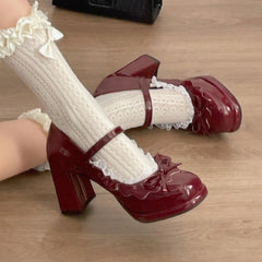 LIZAKOSHT - Street Style Thick Heel Women Mary Jane Shoes Concise Butterfly-knot Single Shoes Ladies Elegant Wedding Party Leather Pumps