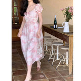 LIZAKOSHT  -  Vintage Floral Evening Party Midi Dresses Women Summer Elegant Square Collar Fairy Dress Korean Sweet Princess Pink Dress