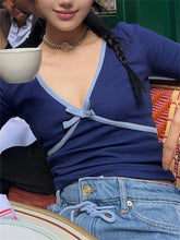 LIZAKOSHT Contrast V-Neck Tee Bow T-shirt Pullover Cropped Y2k Top Summer Elegant Long Sleeve Female Crop top Tee Cute T-Shirts New