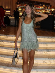 LIZAKOSHT - Fashion Sequin Tassel Mini Dress For Women Sleeveless O-neck Feather Female Dresses 2025 Summer Elegant Beach Female Ball Gown
