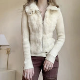 LIZAKOSHT - Women Knitted Coats Fall Winter American Simple Furry Patchwork Slim Fit Jacket Office Lady Elegant Zipper Fashion Female Tops