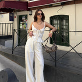 LIZAKOSHT - Solid Color Ruched Bandage V-neck Spaghetti Strap Tops and Wide Leg Long Pant Y2K Summer Casual New Women 2 Piece Sets