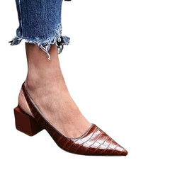 LIZAKOSHT - Women Pointed Toe PU Leather Summer Sandals Woman Square Heels Office Pumps Female Classic Shoes Ladies Plus Size 43 Footwear