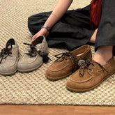 LIZAKOSHT - Spring Autumn Round Toe Women Loafers New Cow Suede Lace Up Flat Shoes Casual Versatile Doudou Shoes Soft Soled Lady Shoes