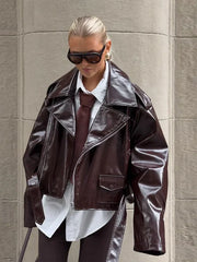 LIZAKOSHT - Solid PU Leather Biker Short Jacket Women Lapel Collar Full Sleeve Zipper Belted Hem Jacket 2025 Autumn Female New Edgy Outfit