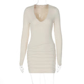 LIZAKOSHT - Basic Ruched Bodycon Mini Dress Women Solid Sexy V Neck Long Sleeve Peach Hips Slim Party Clubwear Autumn Casual Streetwear