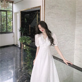 LIZAKOSHT - Lace Dresses for Women V Neck Solid Spring Summer Elegant Vestidos Mujer Korean Fashion Puff Sleeve Retro Long Dress