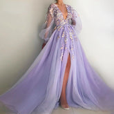 LIZAKOSHT - Flower Prom Dress Appliques Beading V-Neck Long Sleeves Illusion Evening Dresses Lavender Floor Length Robe de soiree