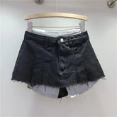 LIZAKOSHT - Trendy Women Denim Mini Skirt High Waist Fake Two Piece A Line Irregular Hem Autumn Fashion Skirt