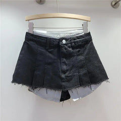 LIZAKOSHT - Trendy Women Denim Mini Skirt High Waist Fake Two Piece A Line Irregular Hem Autumn Fashion Skirt