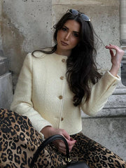 LIZAKOSHT - Women Elegant Tweed Outwears O-neck Long Sleeve Female Short Jackets 2024 Autumn New Fashion Single Breasted Streetwear Coats