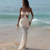 LIZAKOSHT  -  Sequin Knitted Halter Dress Bikini Hollow Out Crochet Hanging Neck Sexy Beach Strap Women Long Fishtail Dress Expose Waist Robes
