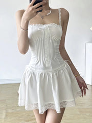 LIZAKOSHT  -  Y2k Aesthetic Lace Patchwork Women Dress Vintage Grunge Slim Harajuku Sexy Bandage Dresses Pleated Streetwear Vestidos De Mujer