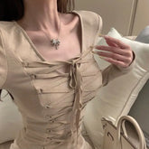 LIZAKOSHT  -  Autumn Winter T-Shirt Top Ins Pure Lust Style New Hot Girl Strap Short Style Slimming Design Tight Long Sleeves