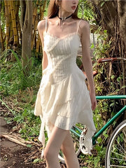 LIZAKOSHT - Korean Elegant Pure Color Strap Y2k Mini Dress Woman Sleeveless Irregular Party Vestidos Summer Fashion One Piece Short Dress