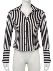 LIZAKOSHT - Black White Striped Shirts Vintage Button Up Long Sleeve Crop Top Aesthetic Elegant Streetwear Y2k Casual All Match Top