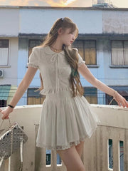 LIZAKOSHT - Summer Casual Mini Skirt Set Sweet Solid 2 Piece Suit Women Fashion Short Sleeve Shirt Lace Skirt Outfits Korean Elegant Clothes