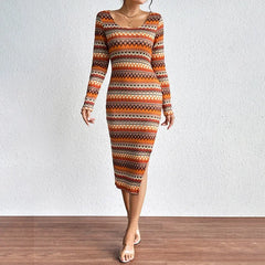 LIZAKOSHT  -  Autumn Winter Fashion Wavy Color Strip Slimming Long Sleeve Dress