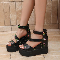LIZAKOSHT - Rose Print Wedge Heel Ankle Strap Sandals Women Summer Rear Zip Chunky Platform Sandals Fashion Super High Heel Shoes