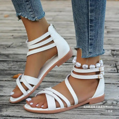 LIZAKOSHT - Cross Low Sandals Woman Leather Suit Female Beige Large Size Round Toe Shoes 2025 Summer Low-heeled Black Closed Fashion Big Bea