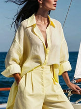 LIZAKOSHT - Fashion Women's Shirt Lapel Blouses Elegant Simple Button Cotton Linen Casual Basic Vintage Yellow Tops for Female