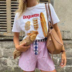 LIZAKOSHT  -  Baguette Print T Shirt Breakfast Foodie Tee Women Aesthetic Shirt Summer Fashion Streetwear Tops Cute Bread Lover T-Shirt Y2k