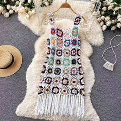 LIZAKOSHT - Women Tassel Hem Sleeveless Knee Length Holiday Tank Robe BOHO Hand Made Crochet Contrast color Plaid Crochet Sling Dress