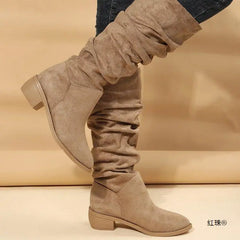 LIZAKOSHT - British Style Chunky Heel Pointy Toe Western Biker Boots Riding Boots New Suede Midi Boots Plus Size Ladies Boots