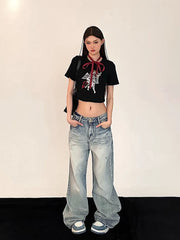 LIZAKOSHT  -  Washed Solid Color High-waisted Straight-leg Jeans American High Street Loose Wide Leg Pants Harajuku Floor Mopping Trousers