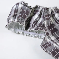 LIZAKOSHT - Women Plaid Folds Square Collar Y2K T-shirt Sweet Style Flying Sleeve Buttons Fitted Crop Top Cute Fashion Streetwear